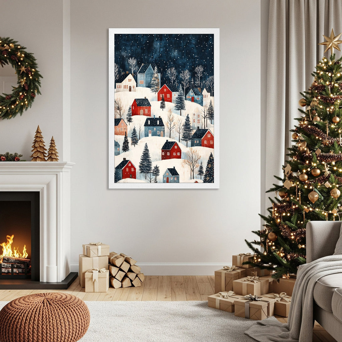 Framed Poster of winter village scene. Watercolor style, featuring red & blue houses on snowy hills. Cozy & festive color palette.