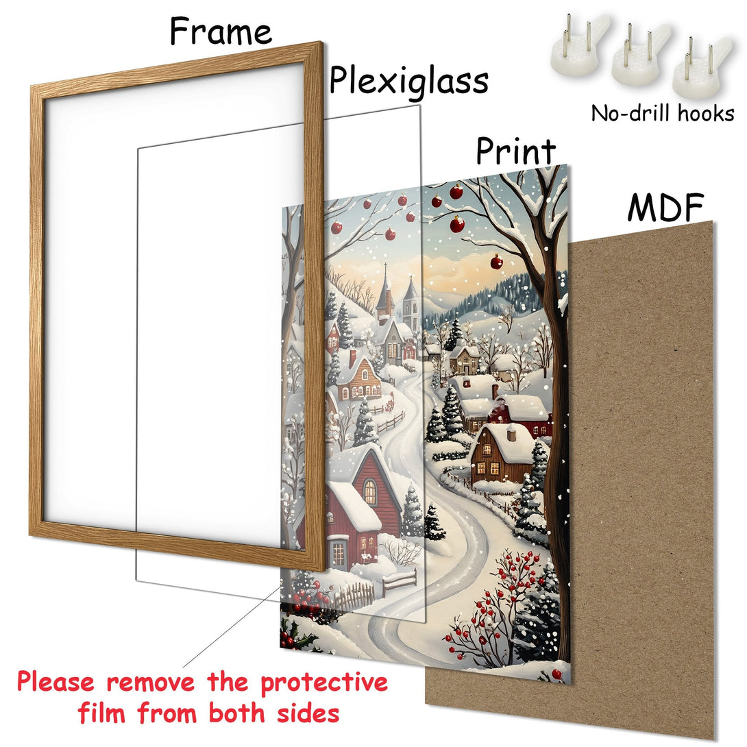 Framed Poster of a winter village scene in a cozy, illustrative style. Features a neutral color palette with pops of red.