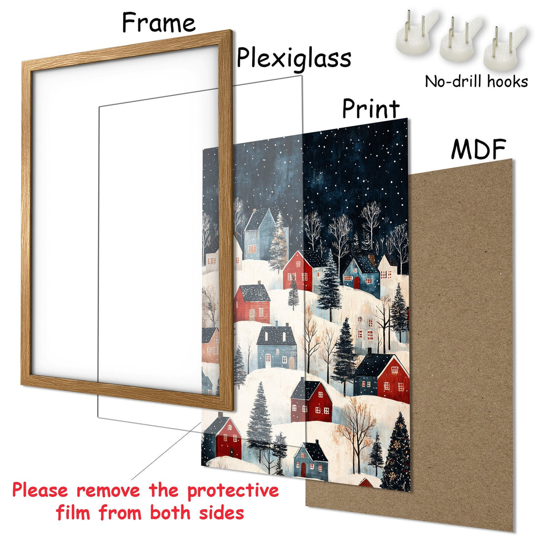 Framed Poster featuring a winter village scene in blue, red, and white. Rustic style art print perfect for home decor.