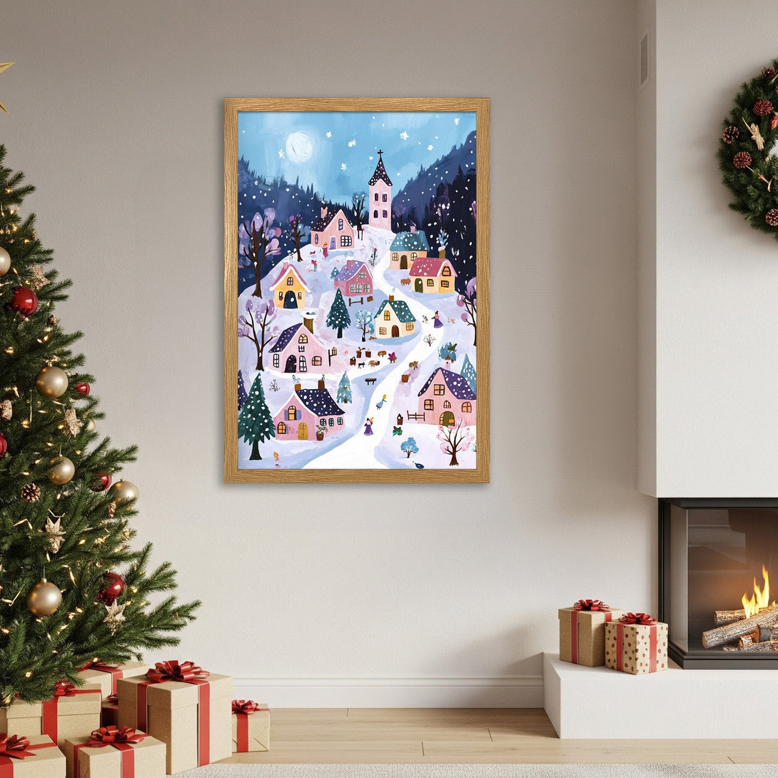 Framed Poster featuring a whimsical winter village scene. Soft blues, pinks, and greens create a cozy, inviting aesthetic. Perfect holiday decor!