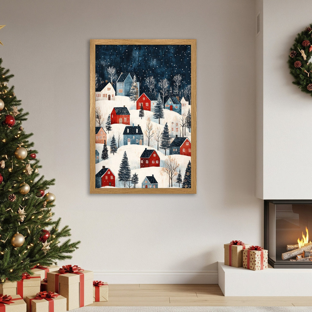 Framed Poster featuring a winter village scene with a blue and red color palette. Perfect for Christmas decor.