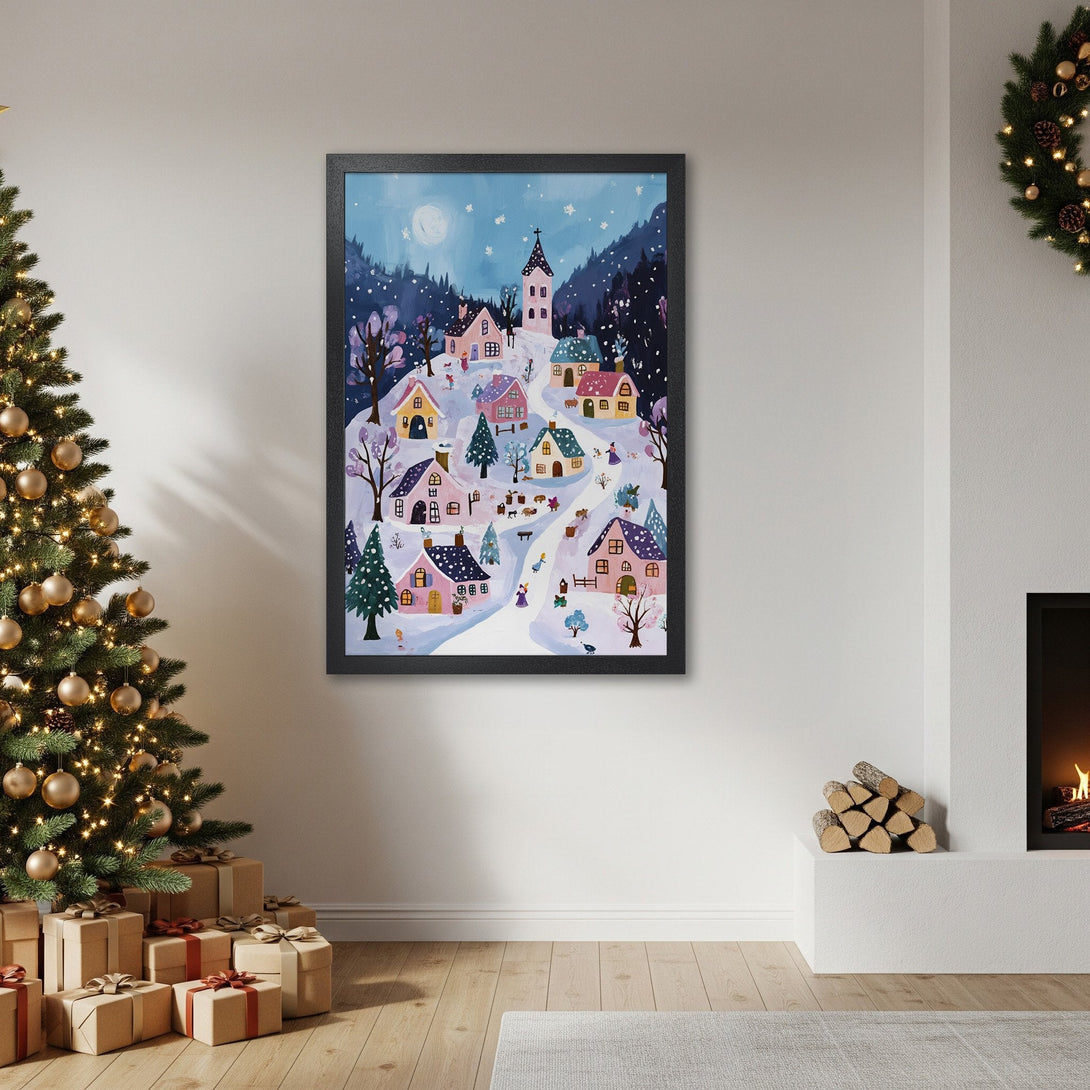 Framed Poster featuring a whimsical winter village scene in a soft, pastel color palette. Perfect holiday decor!