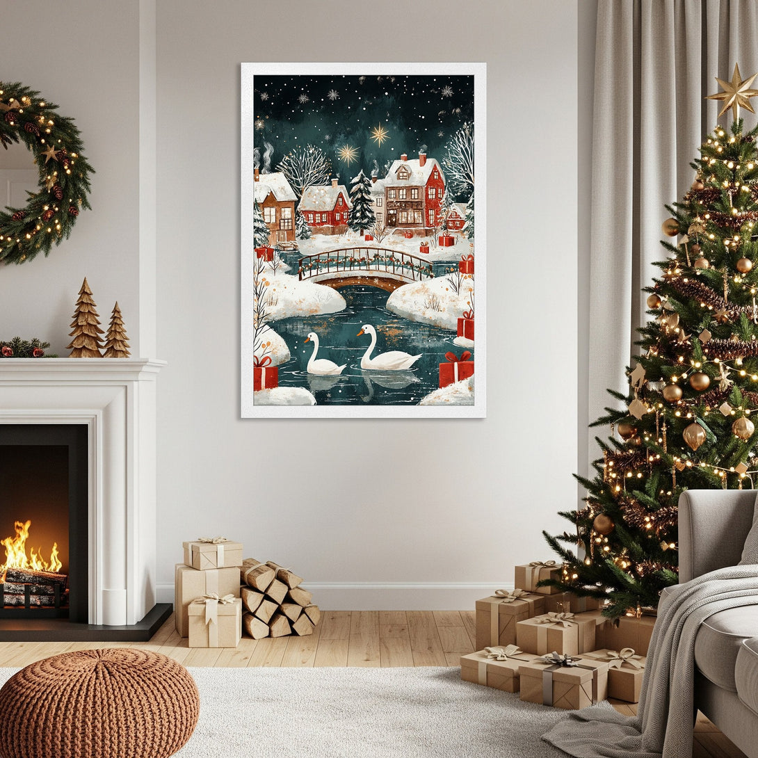 Framed Poster featuring a winter village scene in watercolor style, with red and teal color palette, perfect for Christmas decor.