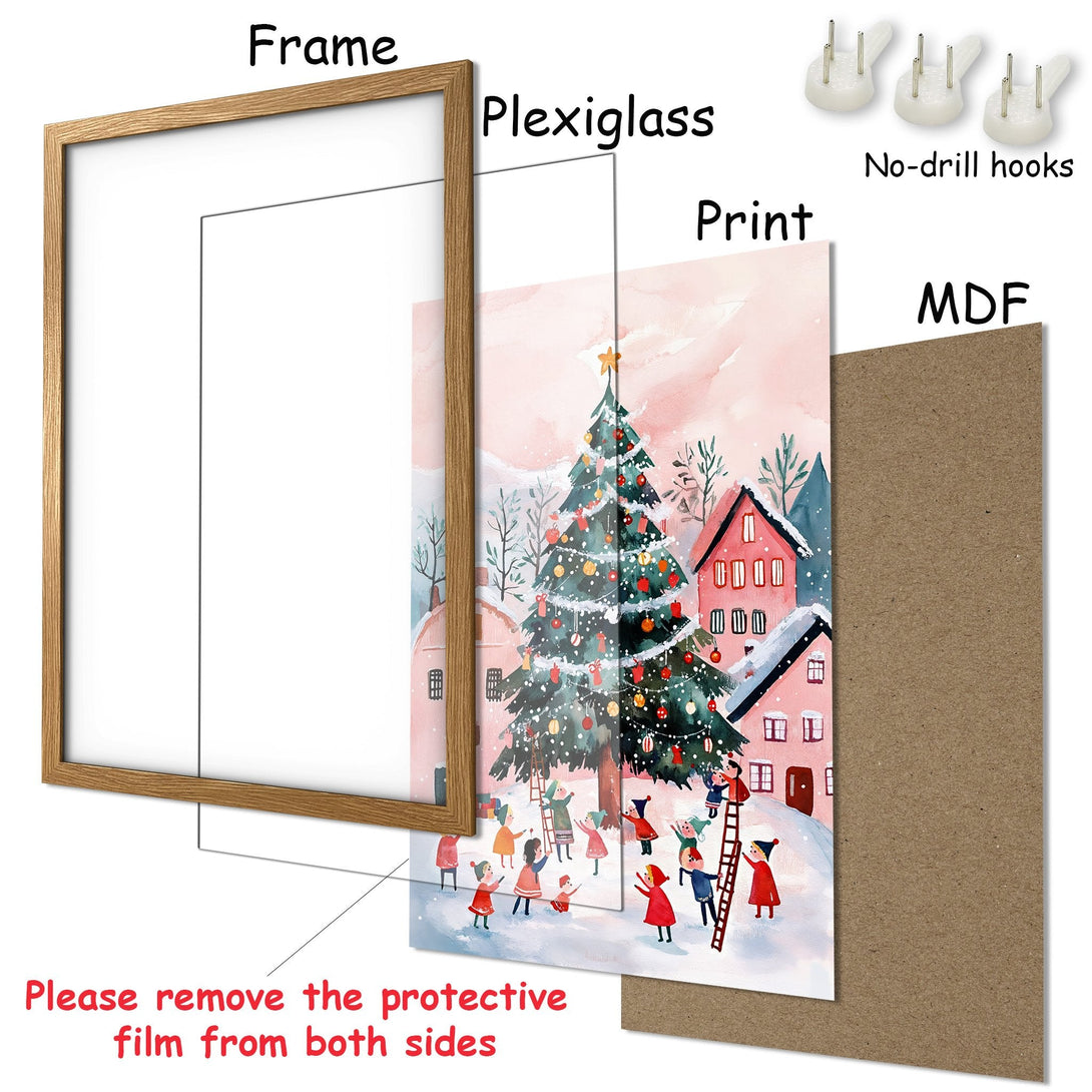 Framed Poster featuring a whimsical Christmas scene in watercolor style. Soft pink and green color palette. Perfect holiday decor!