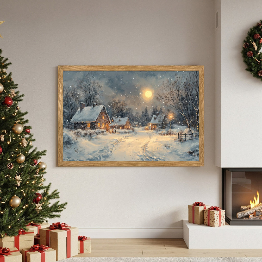 Framed Poster of a winter village scene, watercolor style in cool blue and warm gold tones. Perfect for cozy holiday decor.