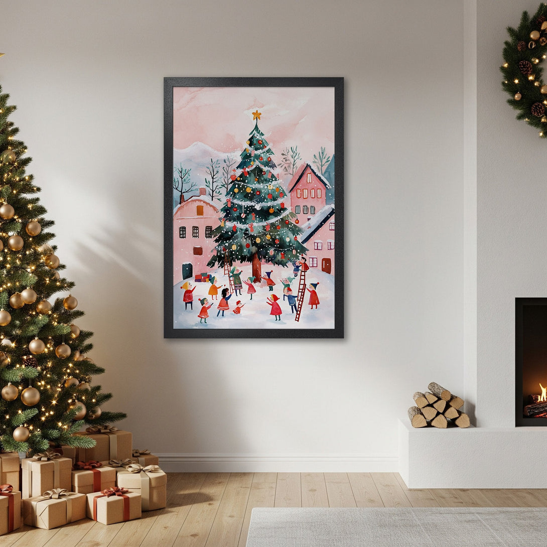 Framed Poster featuring a whimsical Christmas scene with a pink and blue color palette. Perfect holiday decor!