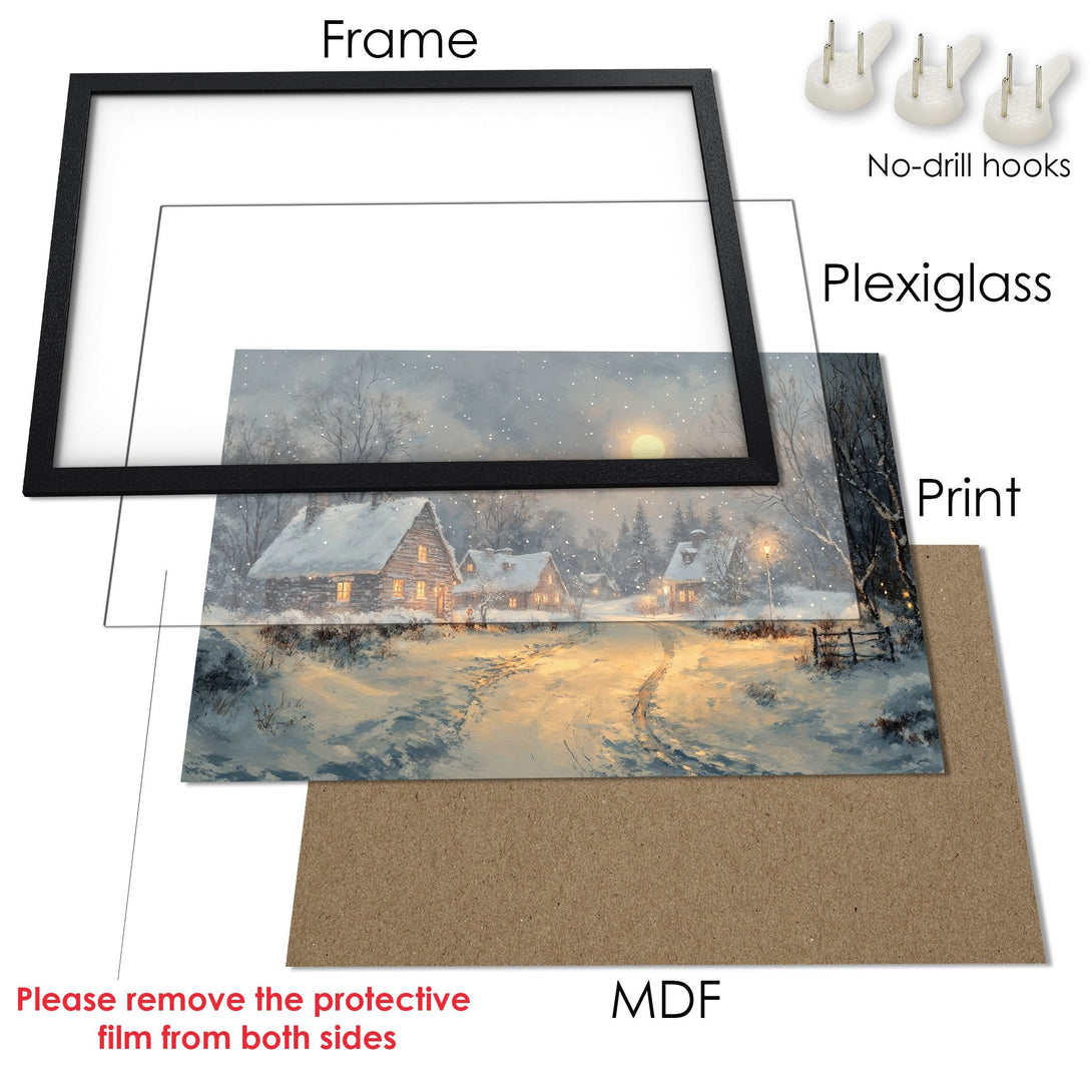 Framed Poster of a winter cabin scene. Features a cozy, snowy landscape with a cool, muted color palette. Ready to hang!