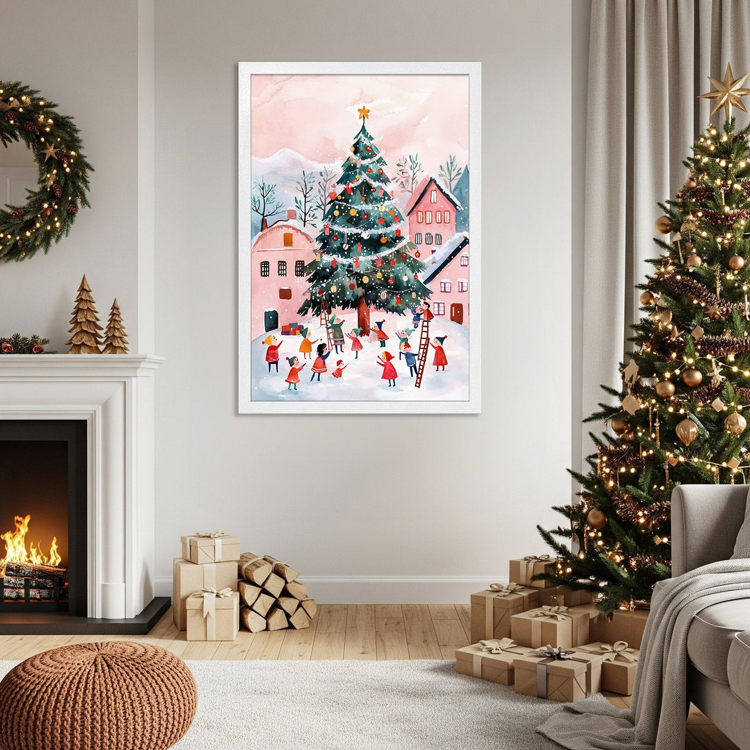 Framed Poster of a whimsical Christmas scene, featuring a festive tree & children. Watercolor style, soft pink & green palette, perfect holiday decor.