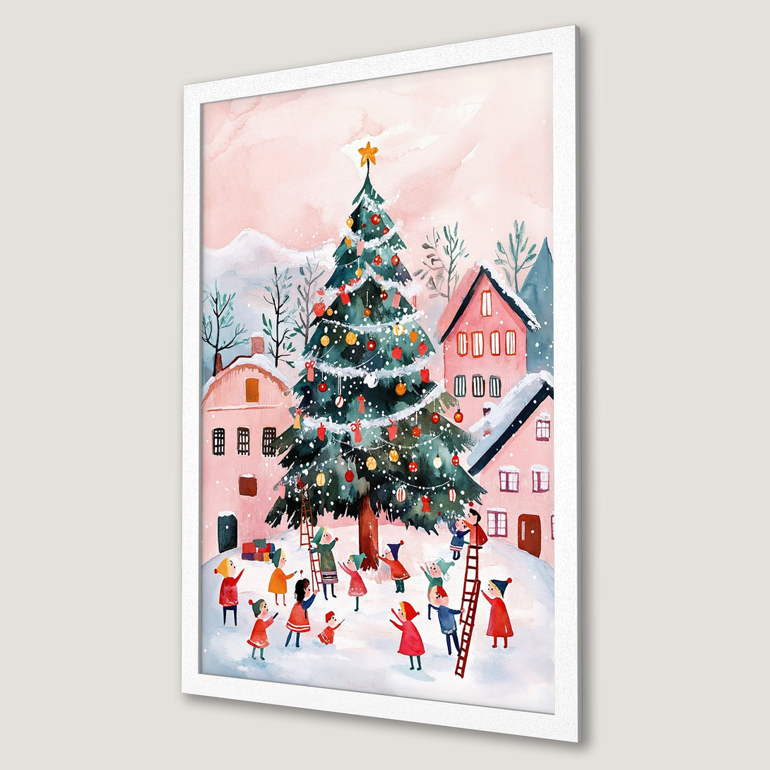 Framed Poster: Watercolor Christmas scene with a festive tree, children, and pink/blue palette. Perfect holiday decor!