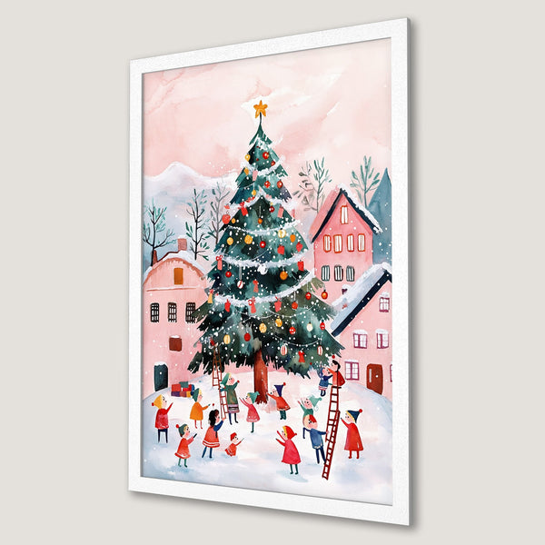 Framed Poster: Watercolor Christmas scene with a festive tree, children, and pink/blue palette. Perfect holiday decor!