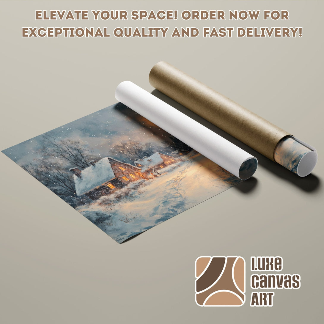 Winter landscape Poster Roll art, featuring a cozy cabin in a snowy scene, with a cool blue and warm yellow palette.