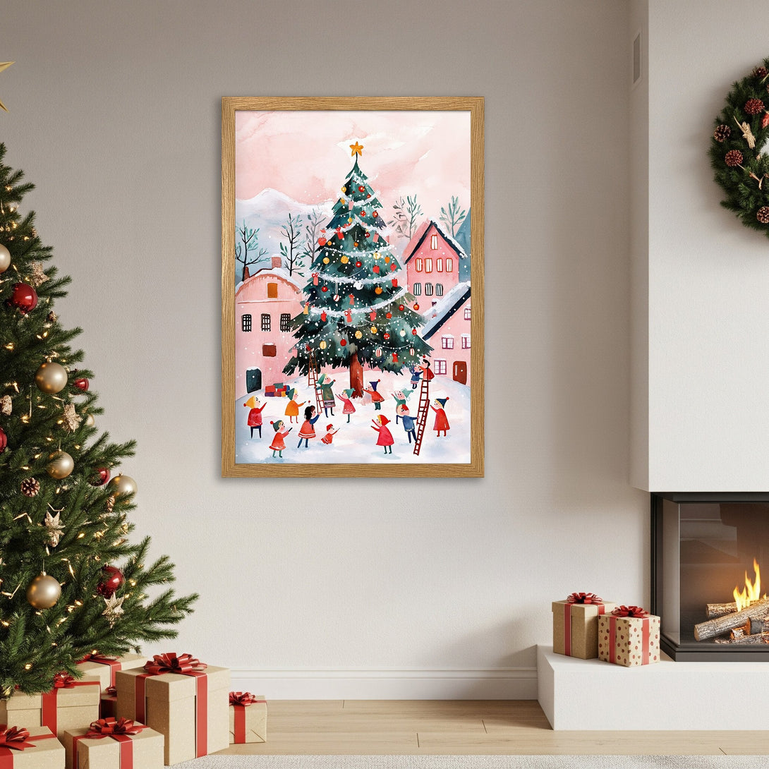 Framed Poster featuring a whimsical Christmas scene with a watercolor style and a pink and green color palette. Perfect holiday decor!