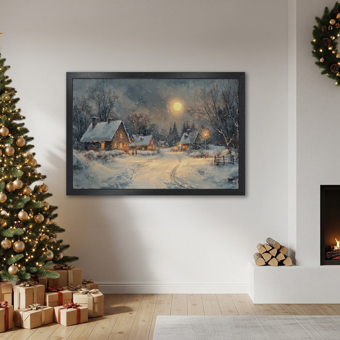 Framed Poster featuring a winter village scene in a painterly style, with a cool blue and white color palette. Perfect holiday decor!