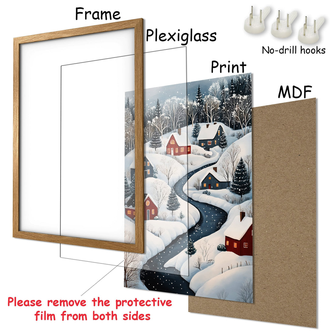 Framed Poster featuring a winter village scene in a whimsical style with a cool blue and red color palette. Perfect wall art!