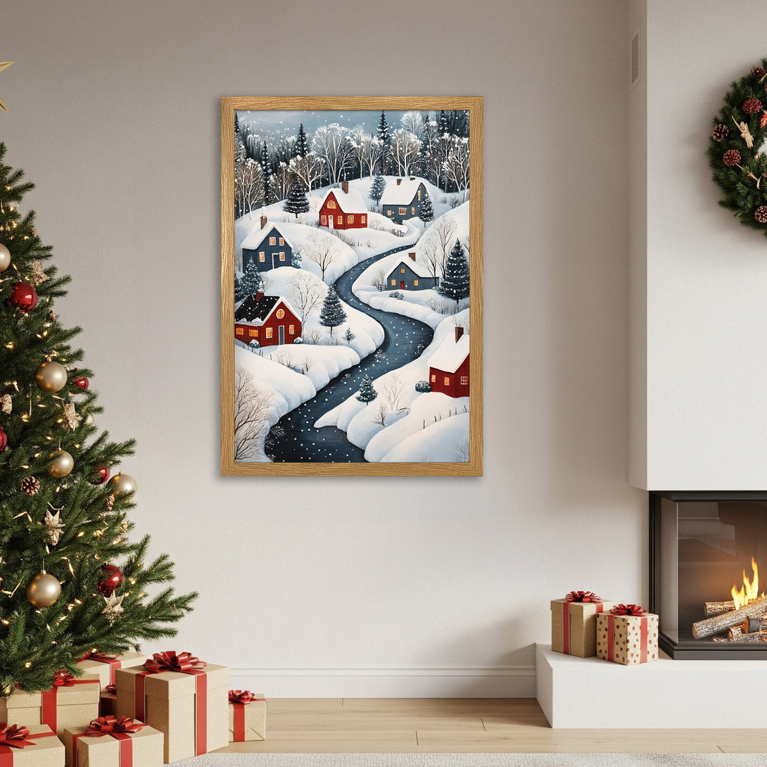 Framed Poster of a winter village scene in a whimsical style with a blue and red color palette. Perfect holiday decor.