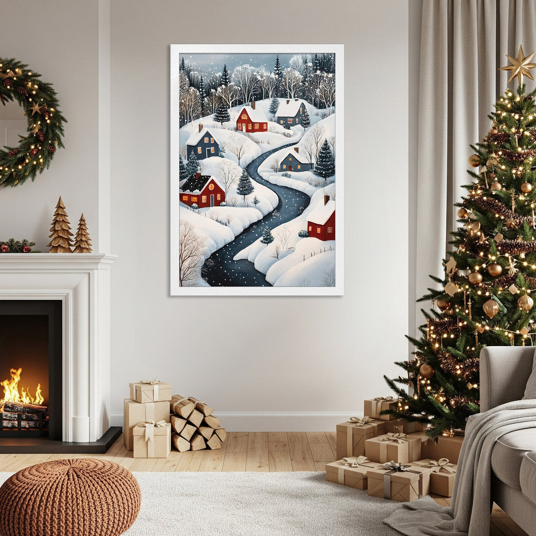 Framed Poster featuring a winter village scene in a cozy, whimsical style. Red, blue, and white color palette, perfect for holiday decor.
