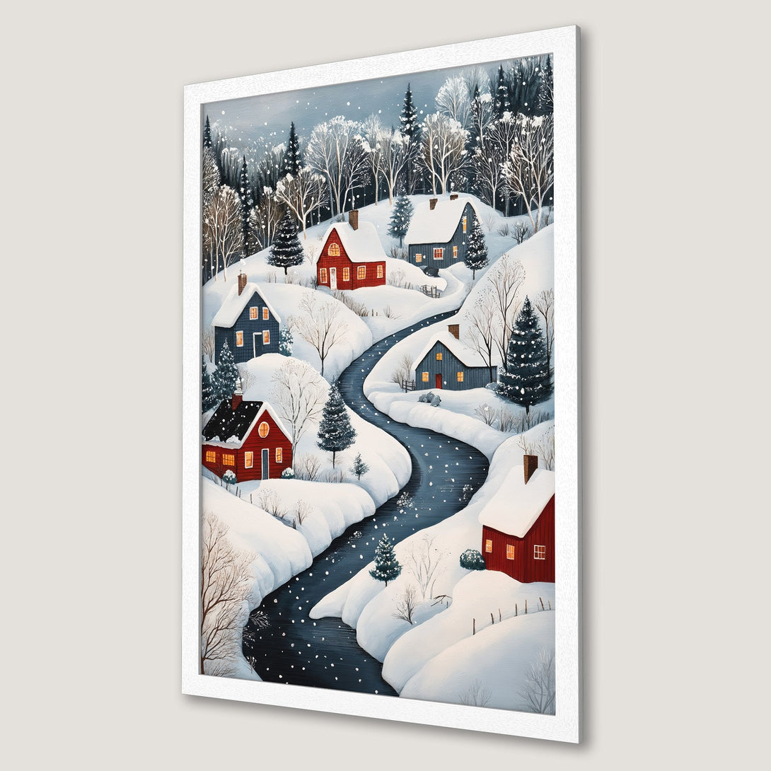 Framed Poster of a winter village scene with red houses, snowy landscape, and a flowing river. Cozy art in a blue, white, and red color palette.