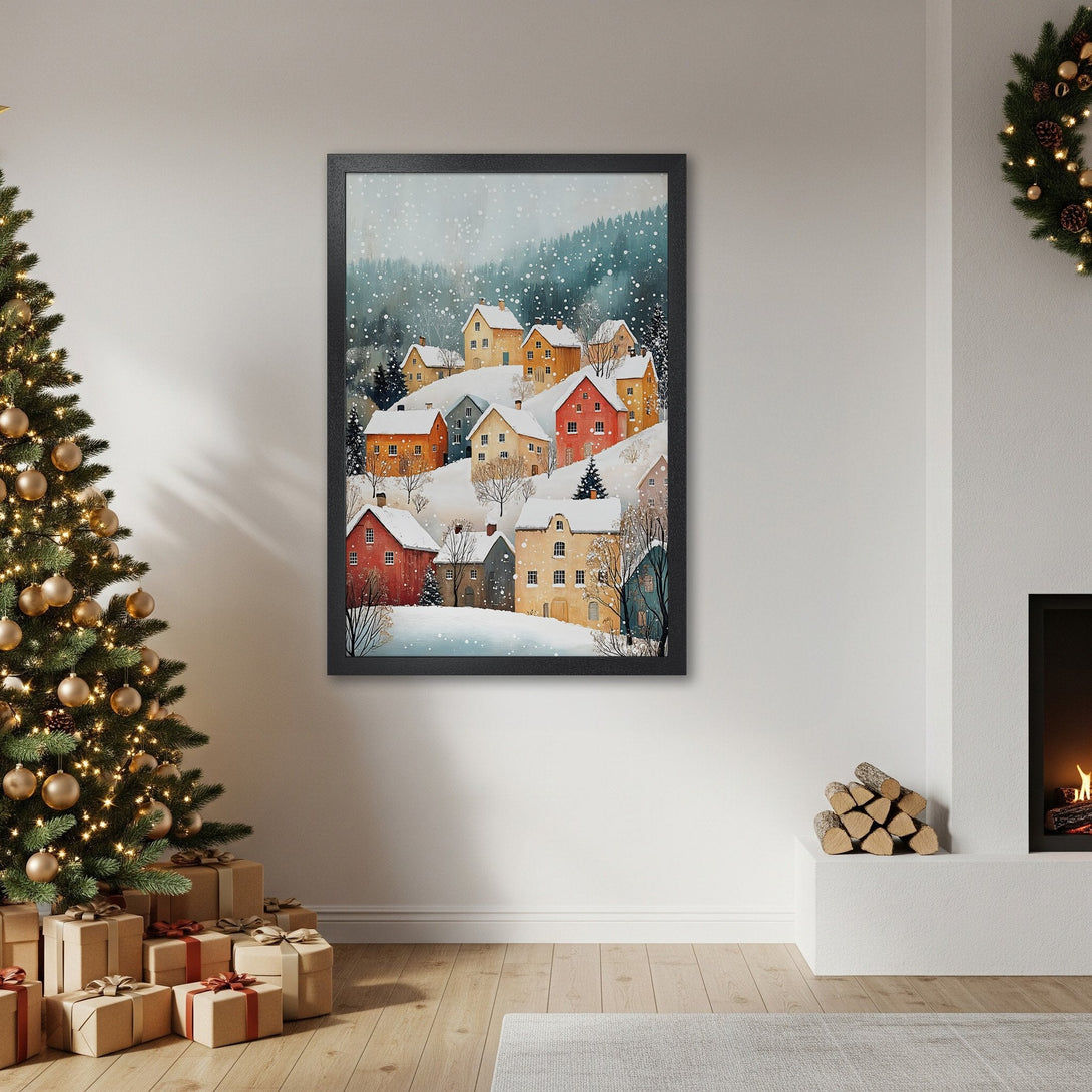 Framed Poster of a cozy winter village scene in watercolor style, featuring warm colors and a snowy landscape. Perfect for holiday decor!