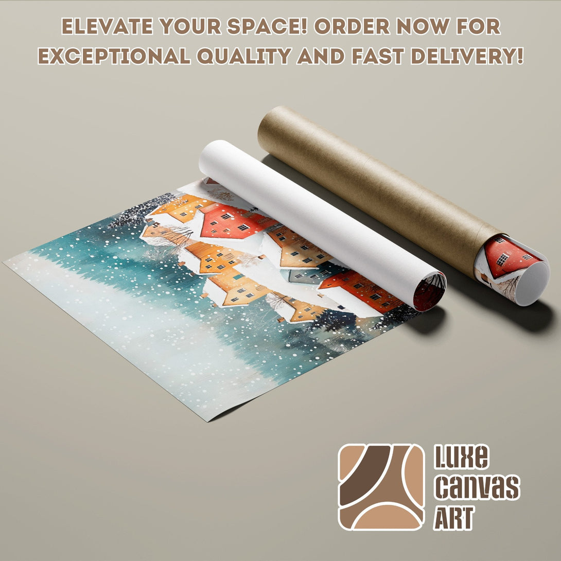 Poster Roll featuring a winter watercolor scene with houses, in a blue and brown palette. Elevate your space!