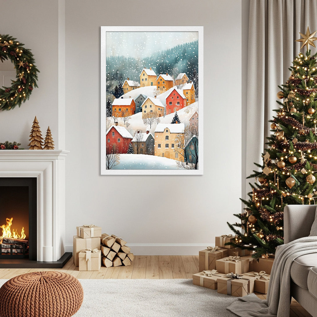 Framed Poster featuring a watercolor winter village scene. Warm, inviting color palette with snowy details. Perfect holiday decor!