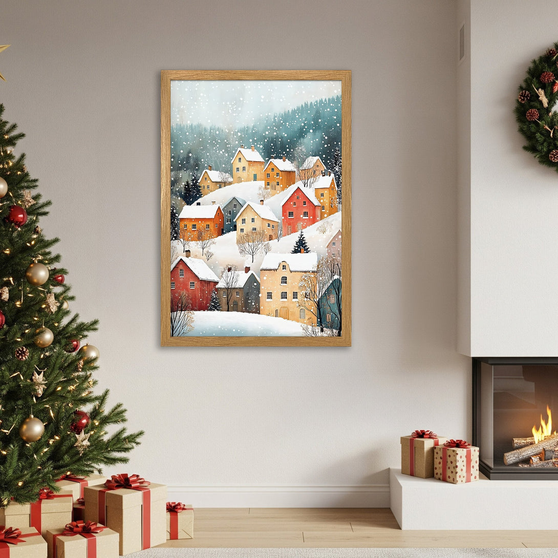 Framed Poster featuring a winter village scene in watercolor style with a warm color palette, perfect for holiday decor.