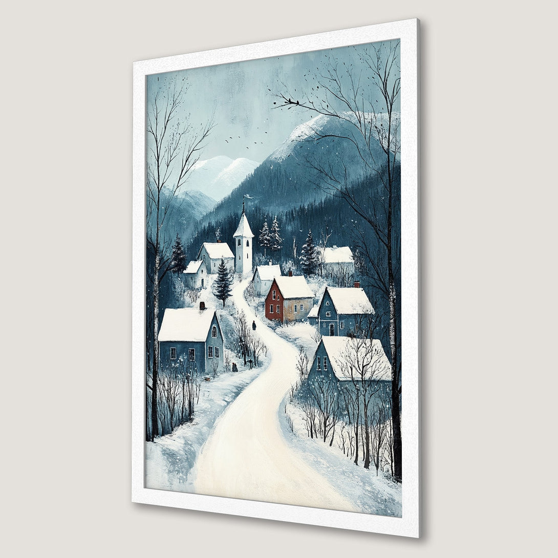 Framed Poster: Winter village art print in cool blue tones. Serene landscape painting perfect for home decor. Add a touch of winter charm!