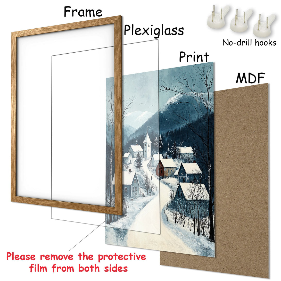 Framed Poster of a winter village scene. Features a serene, watercolor style with a cool blue and white color palette. Perfect wall art!