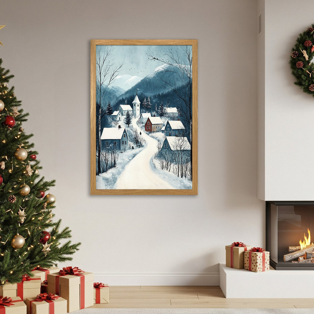 Framed Poster of a snowy village scene in a watercolor style with a cool blue and white color palette. Perfect for winter decor!