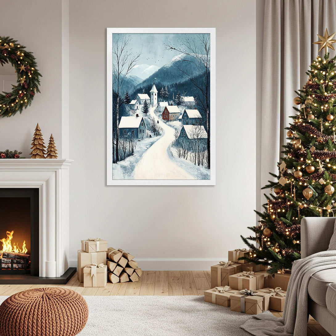 Framed Poster of a winter village scene in a watercolor style, with a blue and white color palette. Perfect holiday decor!
