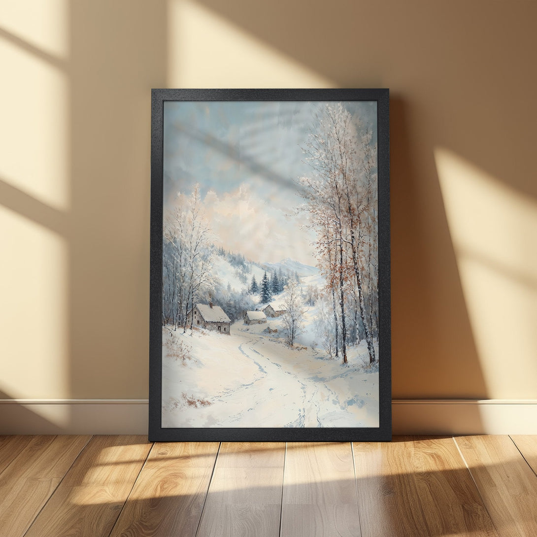 Framed Poster of a winter landscape painting in a soft, painterly style with a cool blue and white color palette. Perfect wall art!