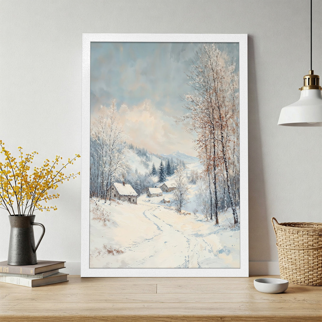Framed Poster of a winter landscape painting in a soft, impressionistic style with a muted blue and white color palette. Perfect wall art!