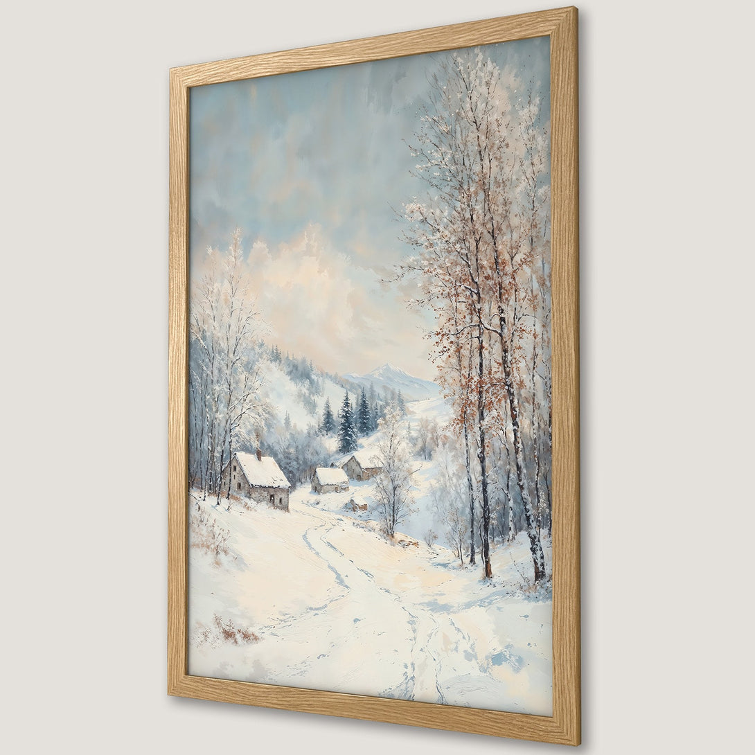Framed Poster featuring a winter landscape painting in a soft, muted color palette. Perfect for adding a touch of serenity to your space.