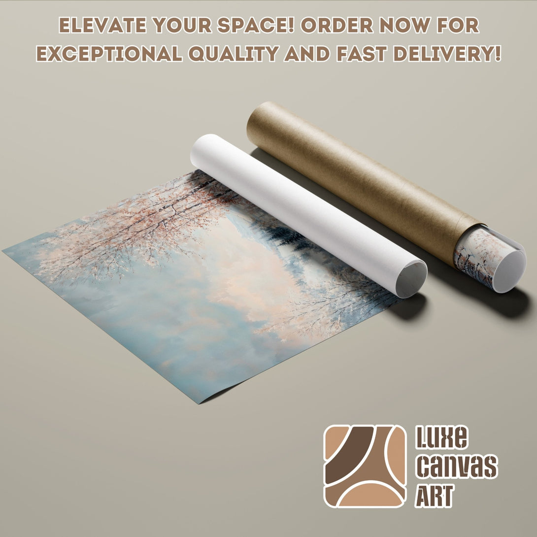 Poster Roll featuring a serene landscape painting in soft blue and peach tones. Elevate your decor with this art print!