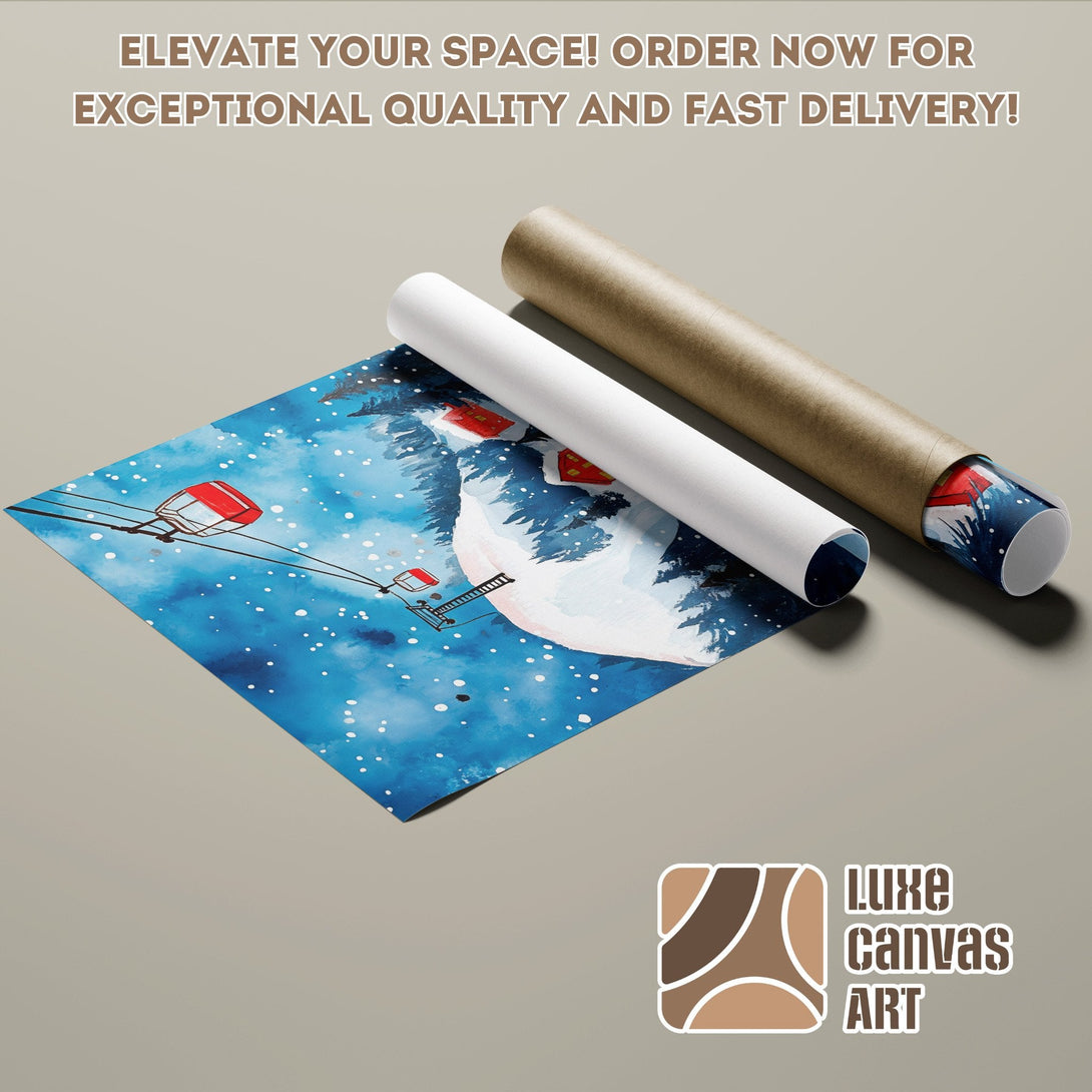 Winter landscape Poster Roll art print in blue, white, and red. Elevate your decor!