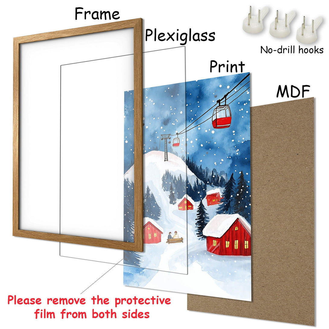 Framed Poster of a winter landscape with red cabins, watercolor style, blue and red color palette. Perfect wall art!