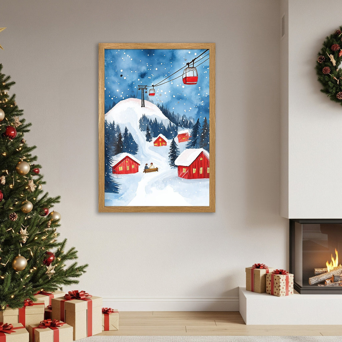Framed Poster of a winter ski scene in watercolor style, featuring red cabins and a blue and white color palette. Perfect for holiday decor!