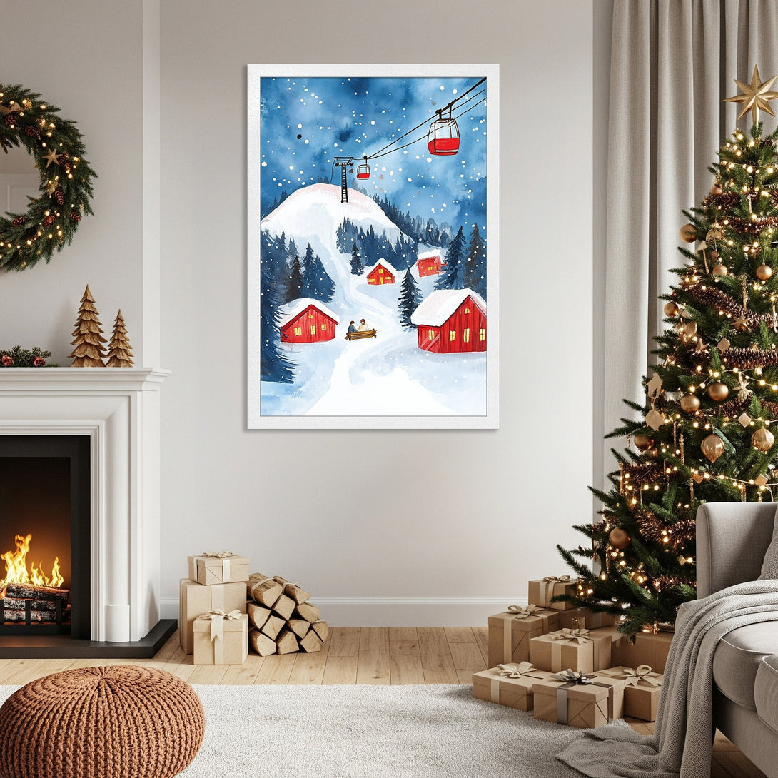 Framed Poster of a winter scene with red cabins, watercolor style, blue & red color palette. Perfect holiday decor!