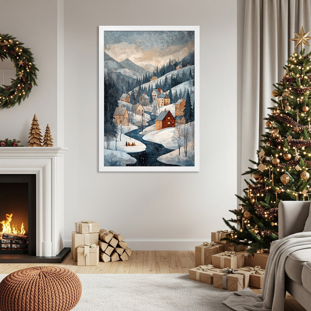 Framed Poster of a winter village scene in watercolor style, featuring a snowy landscape with a blue and brown color palette. Perfect holiday decor!