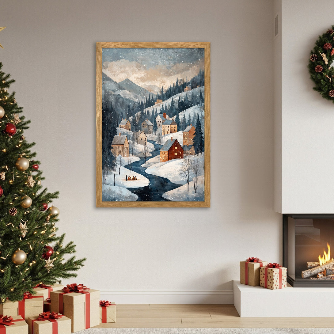 Framed Poster of a winter village scene. Watercolor style with blue, brown, and beige tones. Perfect Christmas decor.