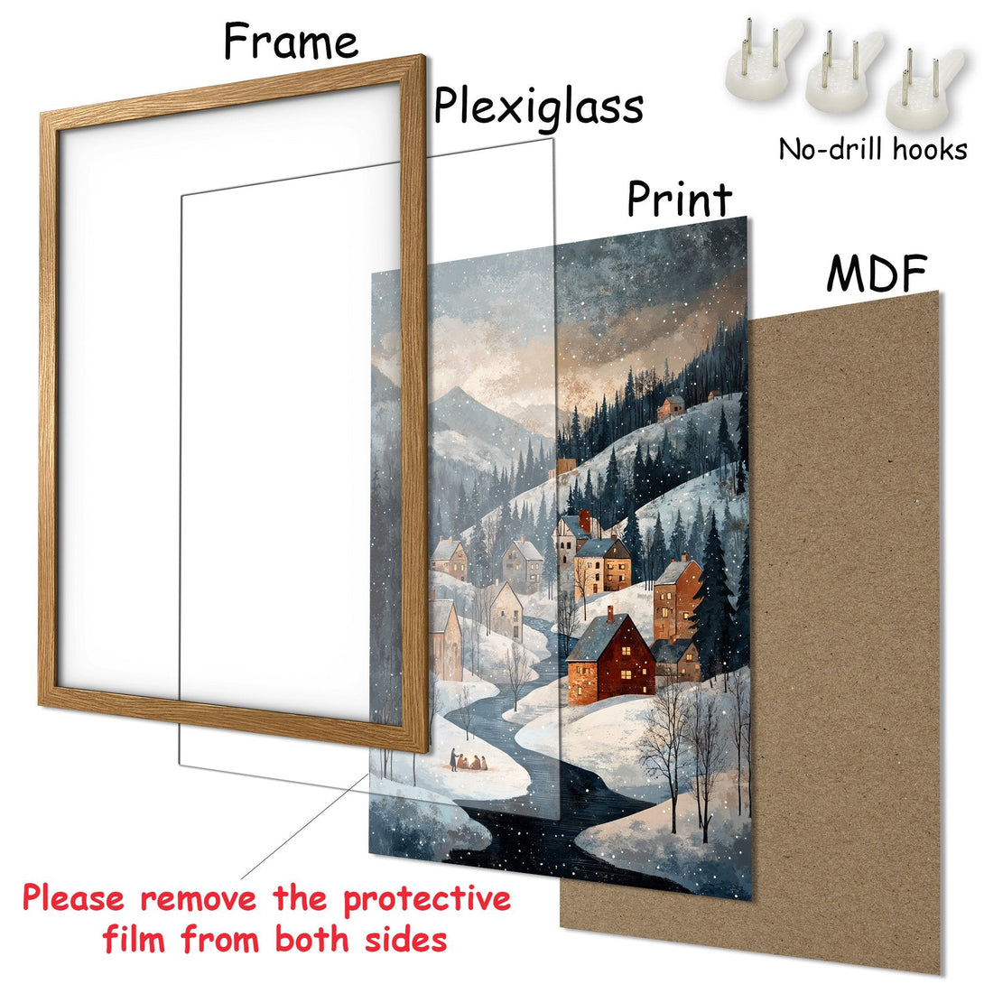 Framed Poster of a winter village scene. Watercolor style with a cool blue and warm brown color palette. Perfect wall art for your home!