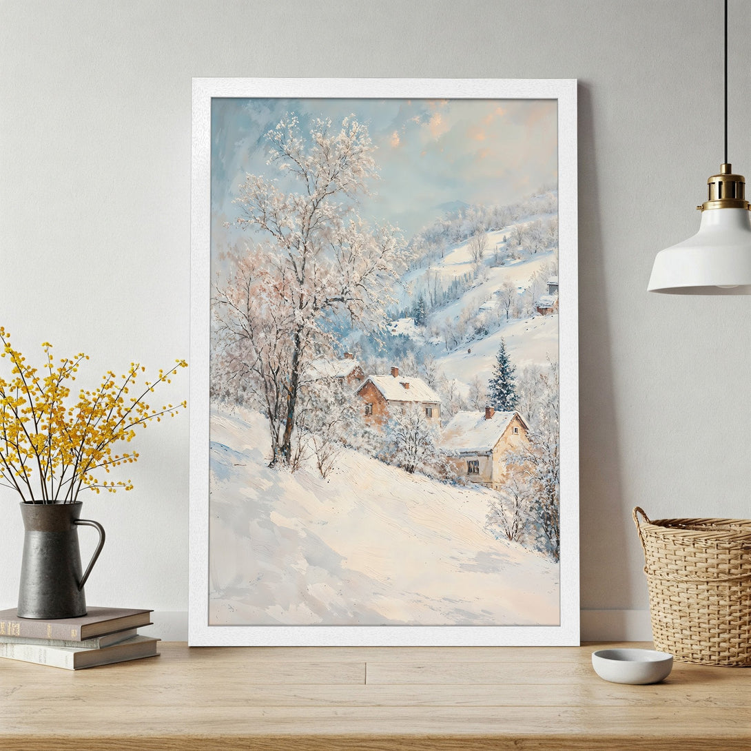 Framed Poster of a winter landscape painting. Features snowy hills, houses, and trees, in a soft, pastel color palette. Perfect wall art!
