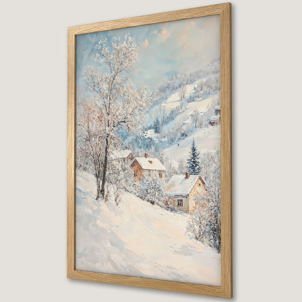 Framed Poster of a snowy winter landscape painting in cool blues and warm beige tones. Perfect wall art for home decor.