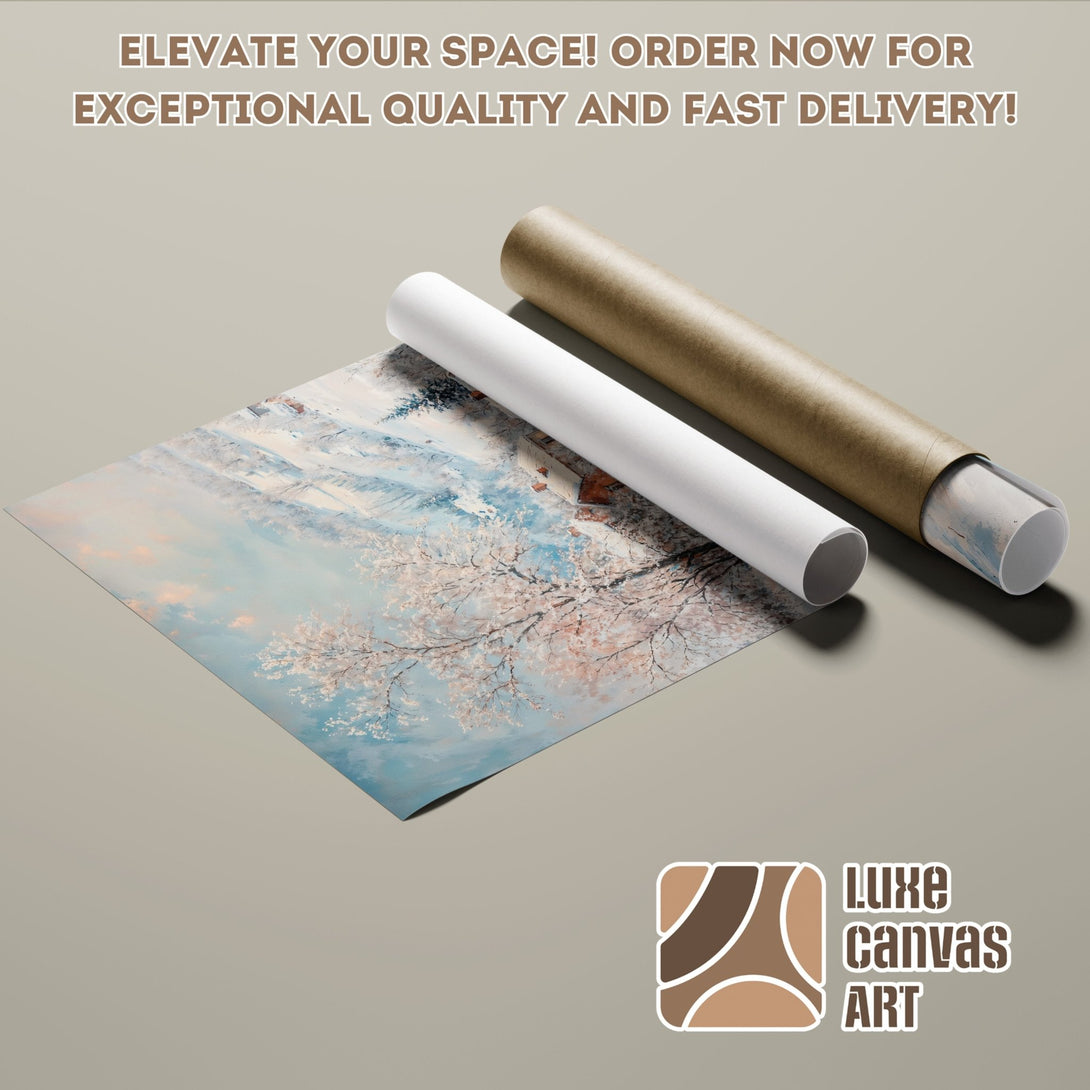 Poster Roll featuring a winter landscape art print in soft blue and white tones. Elevate your space with art!