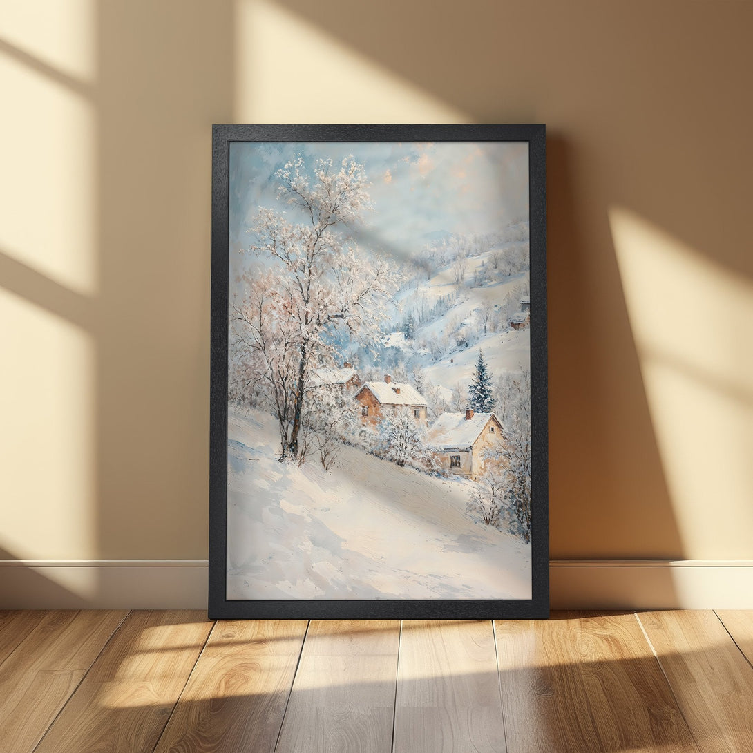 Framed Poster of a winter landscape painting. Features a snowy village scene in a soft, watercolor style with a cool blue and white color palette.