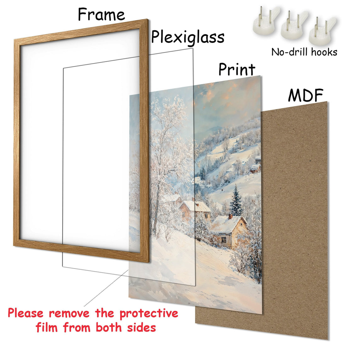 Framed Poster of a winter landscape painting. Features a cozy cabin scene with a soft, pastel color palette. Perfect wall art!
