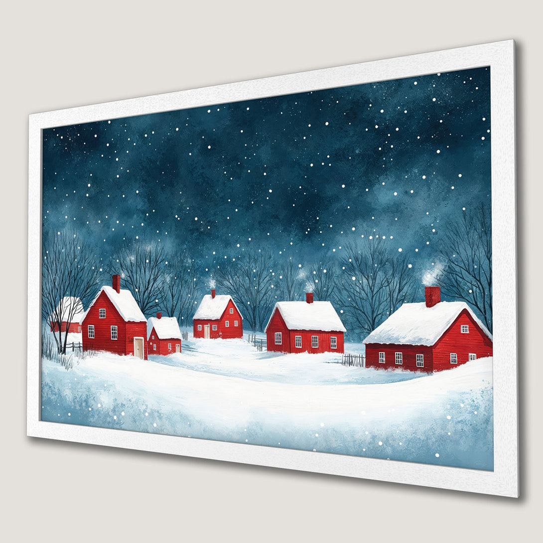 Framed Poster of a winter village scene. Watercolor style with red houses, snow, and a blue and white color palette. Perfect wall art!
