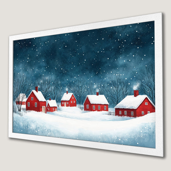 Framed Poster of a winter village scene. Watercolor style with red houses, snow, and a blue and white color palette. Perfect wall art!