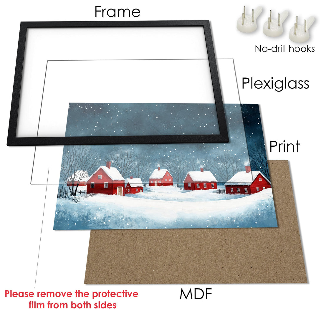 Framed Poster featuring a winter scene with red houses, blue sky, and white snow. Cozy art in a black frame.