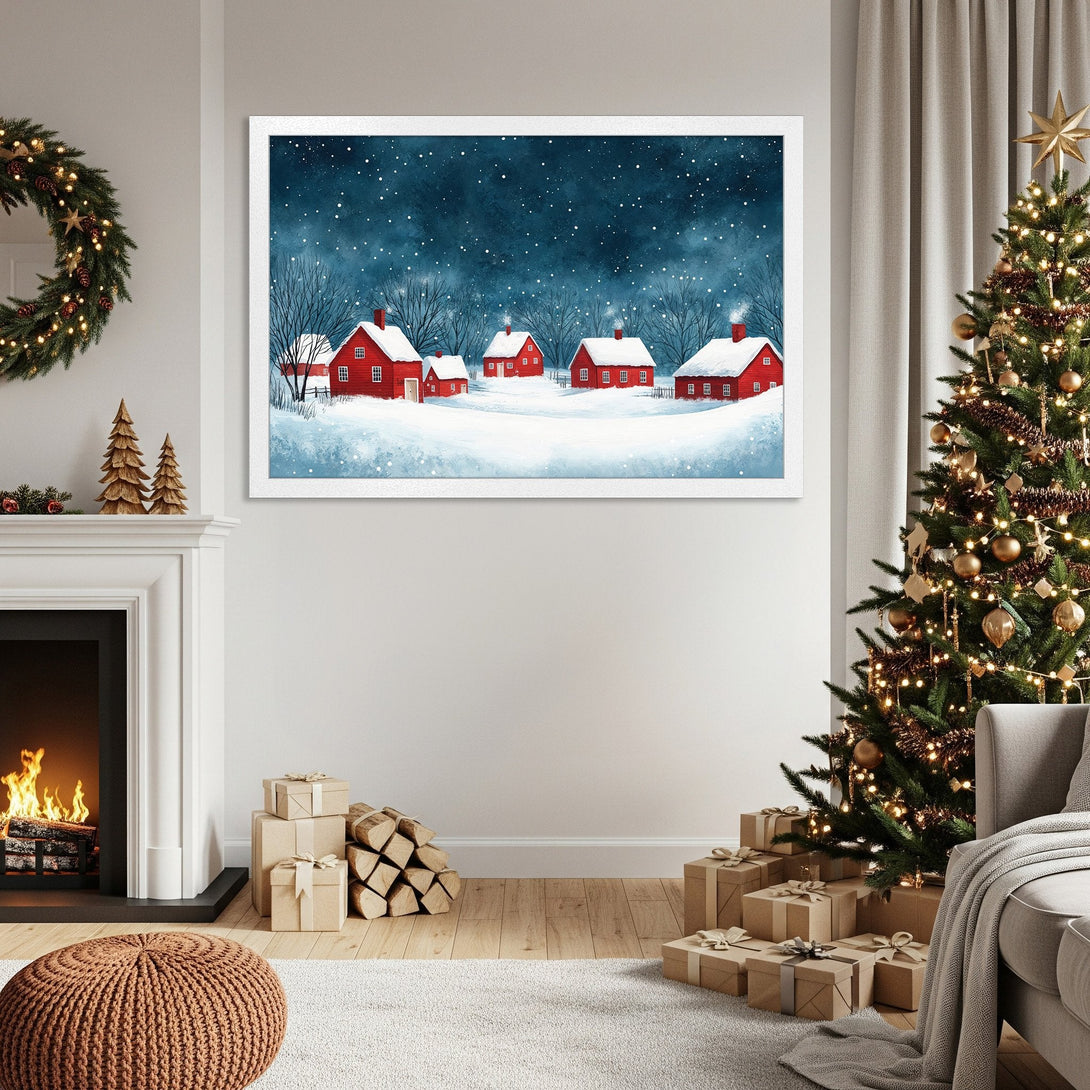 Framed Poster featuring a winter scene with red houses, a watercolor style, and a blue/white/red color palette. Perfect holiday decor!