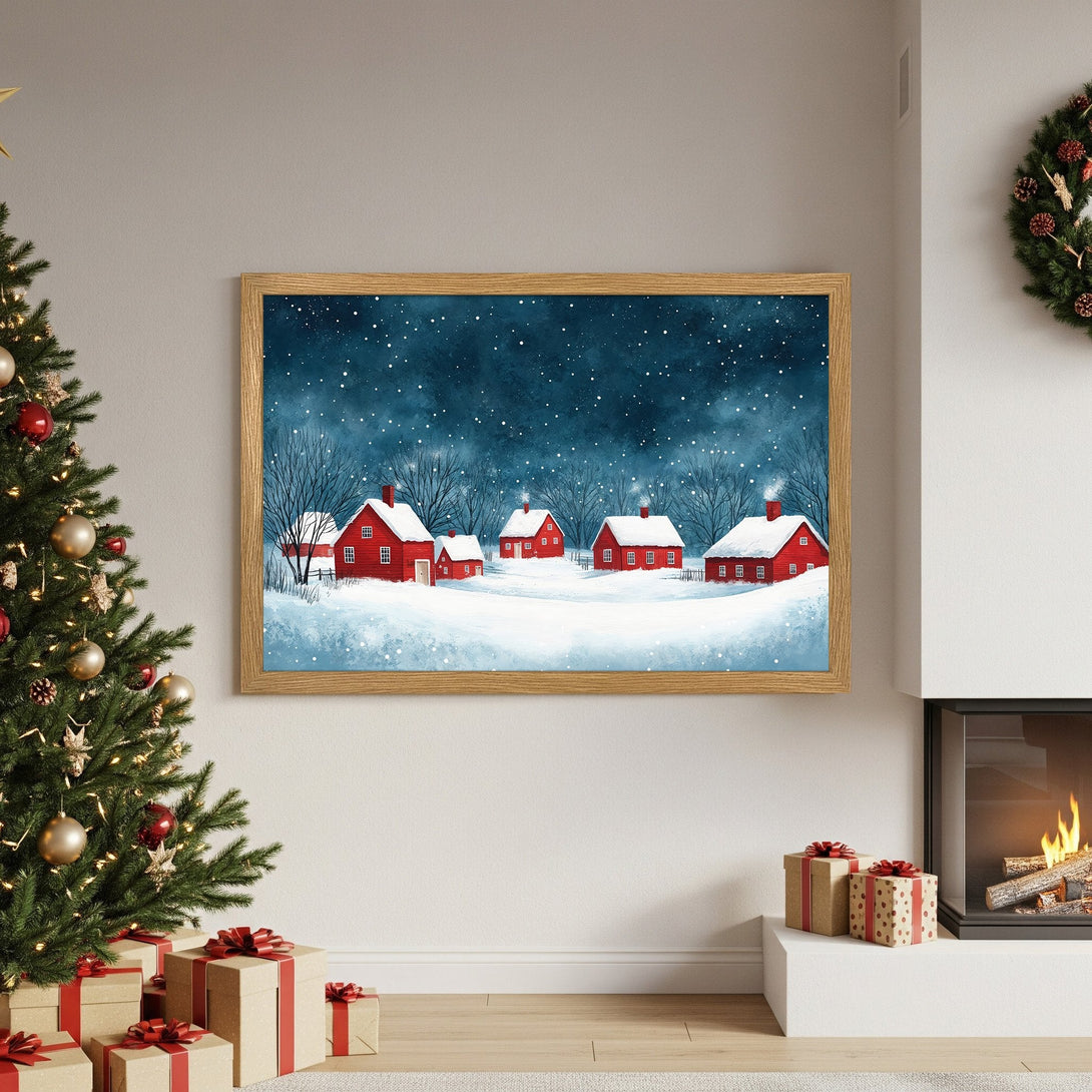 Framed Poster featuring a winter village scene in watercolor style with red houses against a blue and white palette. Perfect holiday decor!